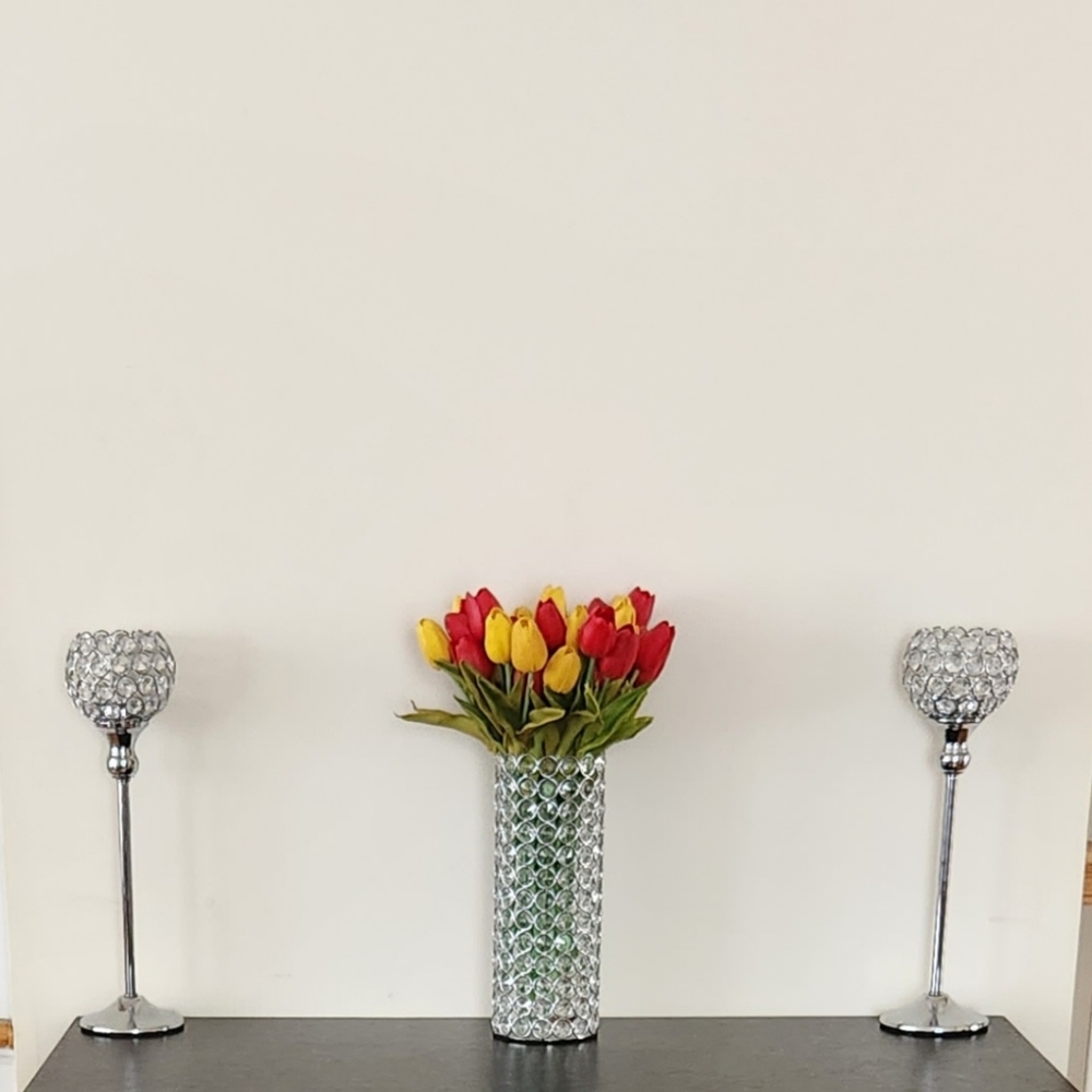 VINCIGANT Silver Crystal Pillar Candle Holders - Set of 2